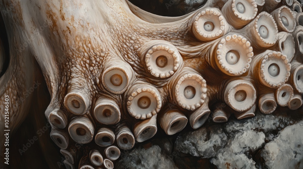 Close-up of an octopus' tentacle suction cups gripping a rock, highlighting the intricate texture and detail. Close-up of an octopus' tentacle suction cups gripping a rock, highlighting the intricate texture and detail.