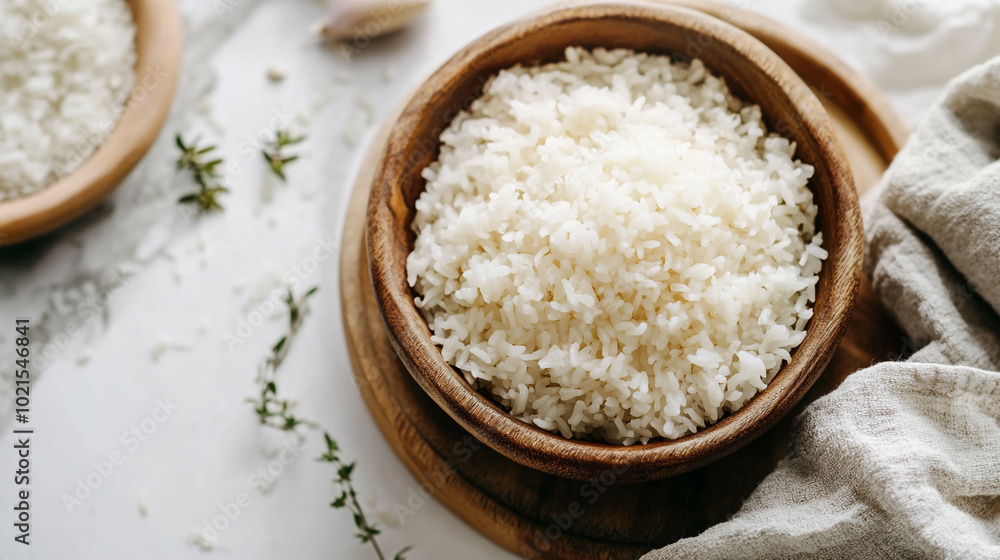 Steaming bowl of fluffy white rice on wooden table with herbs in a cozy kitchen setting Steaming bowl of fluffy white rice on wooden table with herbs in a cozy kitchen setting