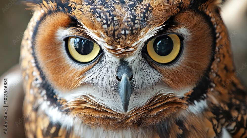 Close-up of an owlas large, round eyes, with its intricate facial feathers fanning outward. Close-up of an owlas large, round eyes, with its intricate facial feathers fanning outward.