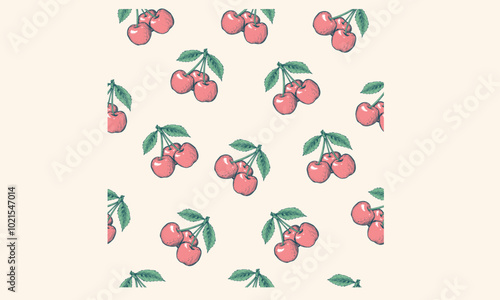 Organic food artwork for for t-shirt. Fruit vintage t-shirt design. Cherry repeat design. Nature fruit club print design. Sweet cherry pattern artwork.  Cherry fruit print. 