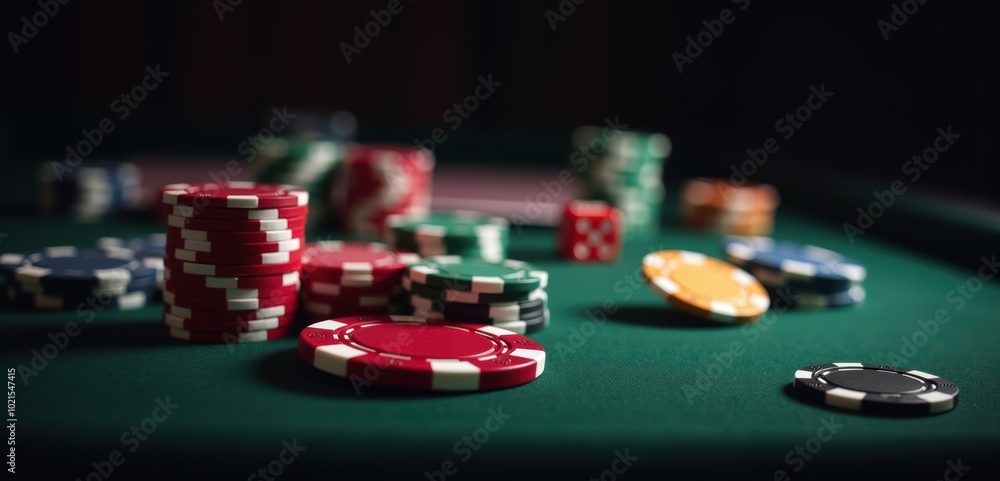 Close up of colorful poker chips scattered on a green felt table, evoking the excitement of casino gaming and gambling. Close up of colorful poker chips scattered on a green felt table, evoking the excitement of casino gaming and gambling.
