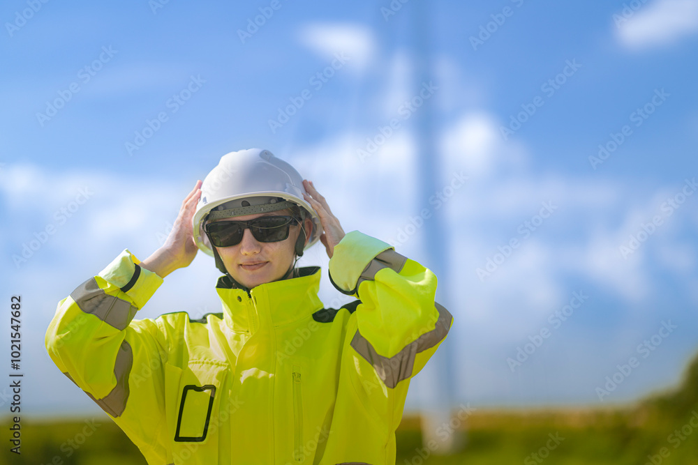 An engineer in high visibility work gear and a hard hat points toward a wind turbine in the background. The scene highlights renewable energy and the professional's involvement. An engineer in high visibility work gear and a hard hat points toward a wind turbine in the background. The scene highlights renewable energy and the professional's involvement.