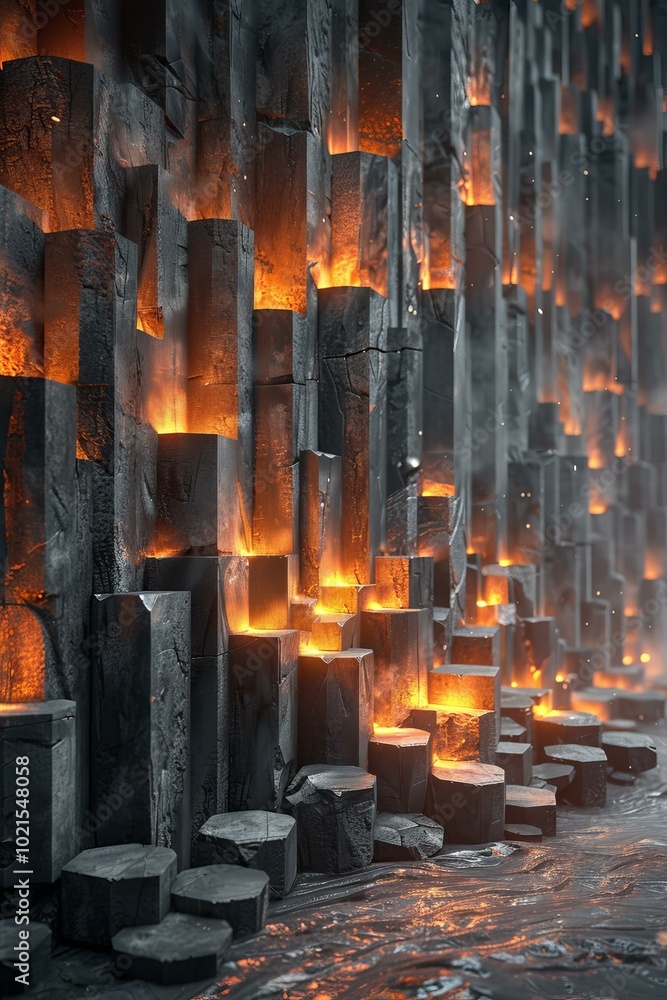 Fototapeta premium Glowing basalt columns in a dark cave
