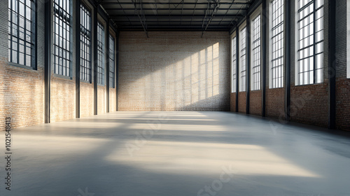 Sunlight streams through tall windows into a spacious, empty warehouse with exposed brick walls and high ceilings.