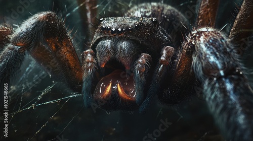 Detailed close-up of a funnel web spideras venomous fangs, poised to bite, with intricate webbing in the background. photo