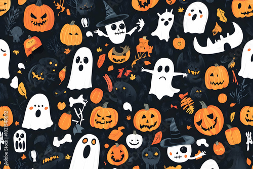 Spooky Halloween Illustration with Pumpkins, Ghosts, and Skeletons