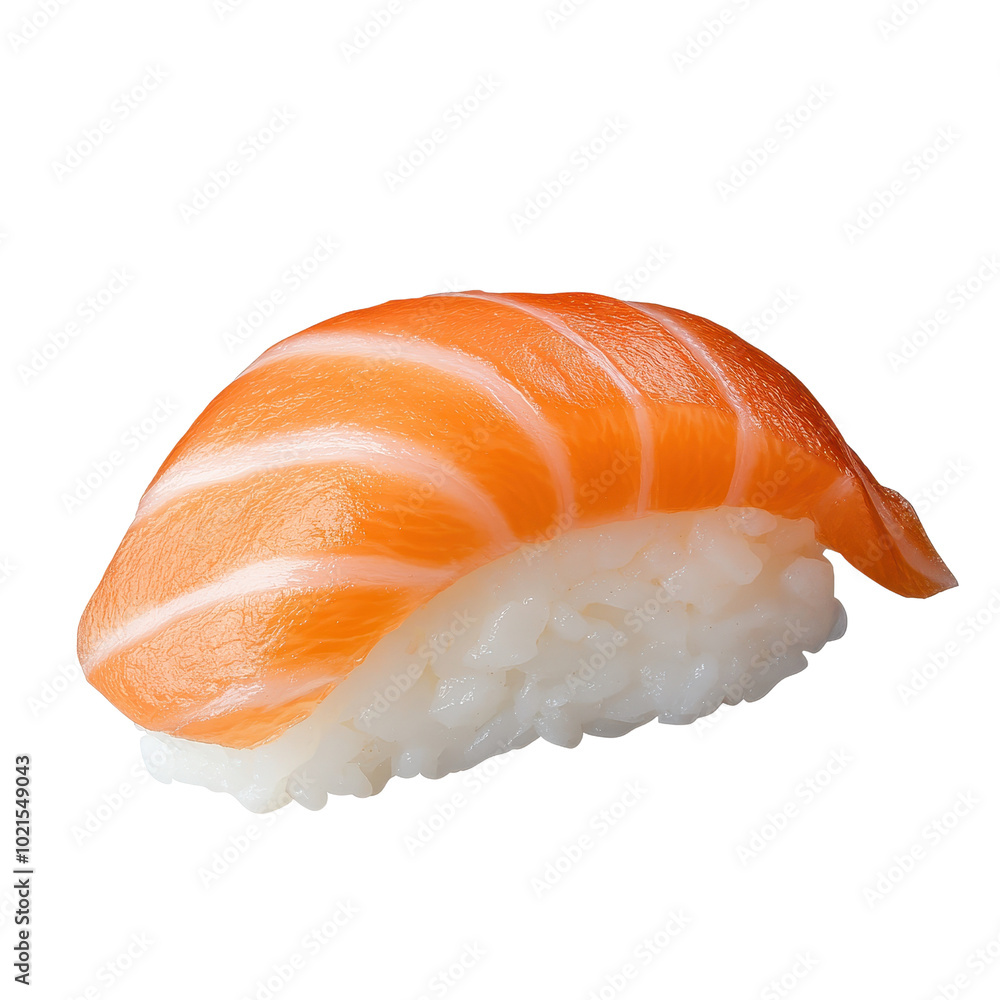 Sushi piece with salmon on rice, white isolated background. PNG, Transparent background. Sushi piece with salmon on rice, white isolated background. PNG, Transparent background.