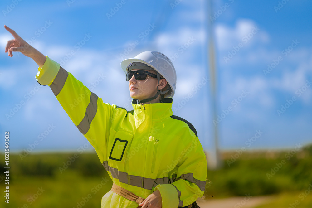 An engineer in high visibility work gear and a hard hat points toward a wind turbine in the background. The scene highlights renewable energy and the professional's involvement. An engineer in high visibility work gear and a hard hat points toward a wind turbine in the background. The scene highlights renewable energy and the professional's involvement.