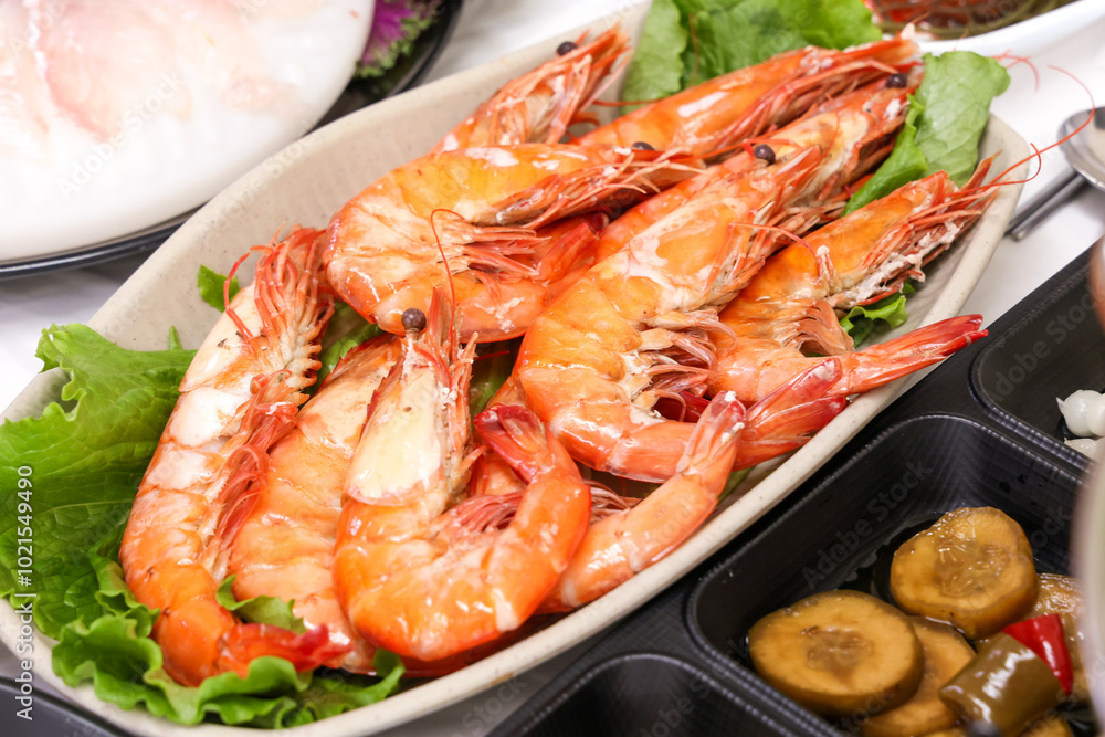 Korean Seafood. Grilled Shrimp on a Plate Korean Seafood. Grilled Shrimp on a Plate