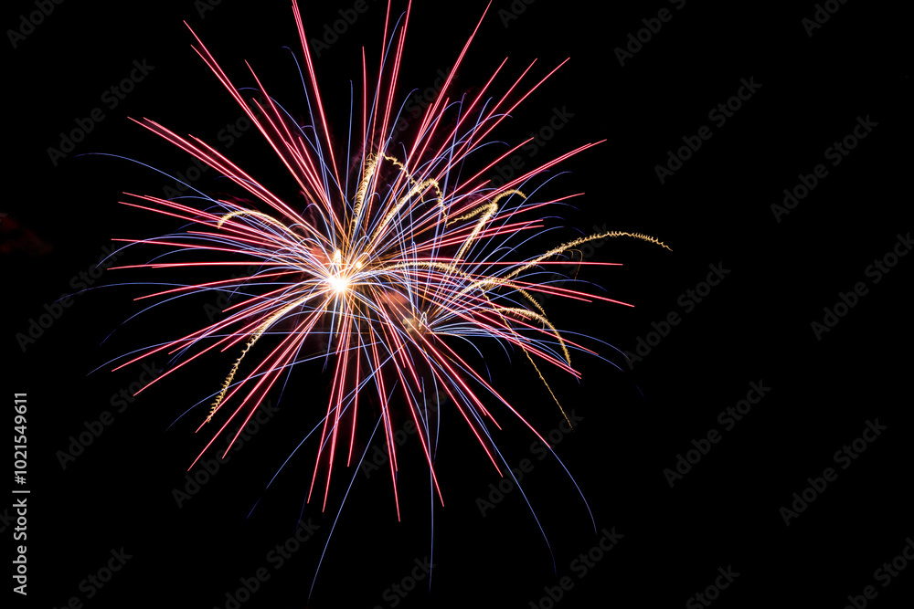 Fireworks display against the night sky. Fireworks display against the night sky.