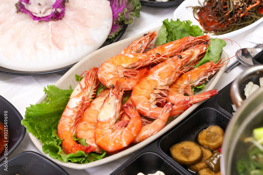 Korean Seafood. Grilled Shrimp on a Plate Korean Seafood. Grilled Shrimp on a Plate