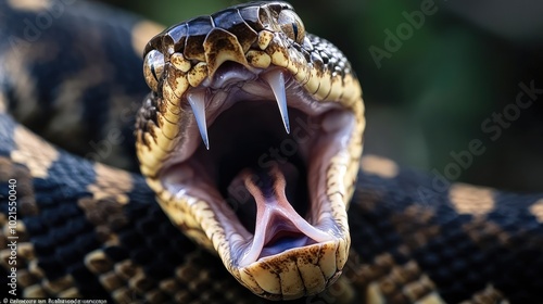 Detailed close-up of a venomous water moccasin snakeas mouth wide open, exposing its sharp fangs. photo