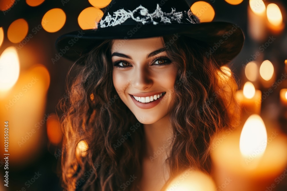Portrait of Enchanting Witch illuminated by candlelight atmosphere. Playful pretty witch beautiful girl grins softly, illuminated by warm candles. Magical ambiance. Trick-or-treat. Gothic creepy woman Portrait of Enchanting Witch illuminated by candlelight atmosphere. Playful pretty witch beautiful girl grins softly, illuminated by warm candles. Magical ambiance. Trick-or-treat. Gothic creepy woman