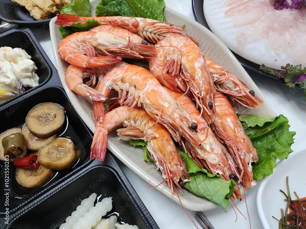 Korean Seafood. Grilled Shrimp on a Plate Korean Seafood. Grilled Shrimp on a Plate