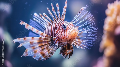 Detailed close-up of a vibrant lionfish with its striking striped patterns and long, flowing fins, swimming gracefully.