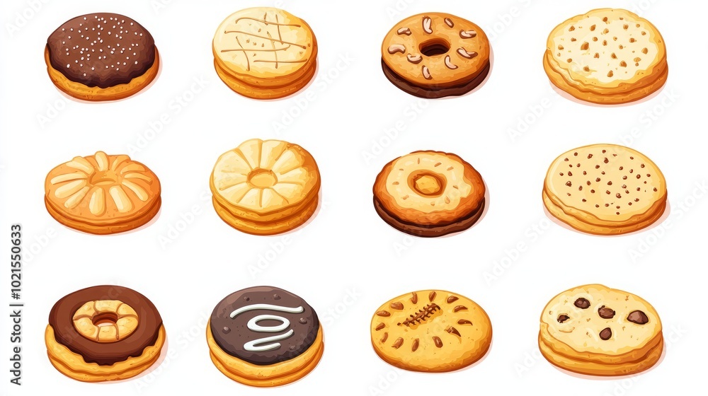Illustration of a large set of different biscuits and pastries A colorful assortment of cookies made from natural ingredients Illustration of a large set of different biscuits and pastries A colorful assortment of cookies made from natural ingredients