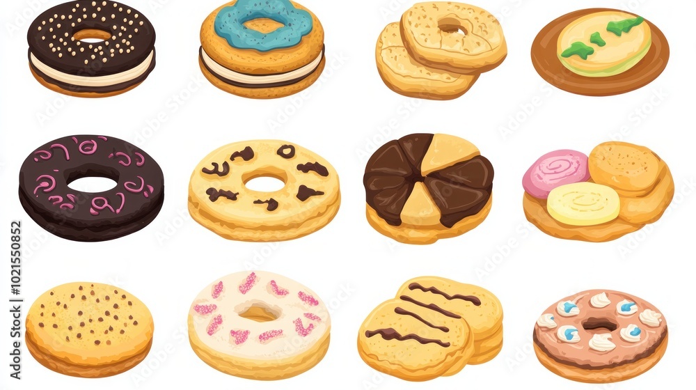 Illustration of a large set of different biscuits and pastries A colorful assortment of cookies made from natural ingredients Illustration of a large set of different biscuits and pastries A colorful assortment of cookies made from natural ingredients