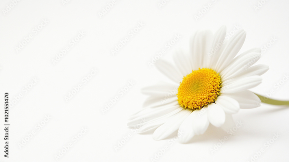 Obraz premium A single white daisy with a yellow center resting on a plain white background