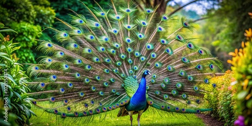 Stunning blue peacock displaying its vibrant feathers in a lush garden setting, nature at its finest