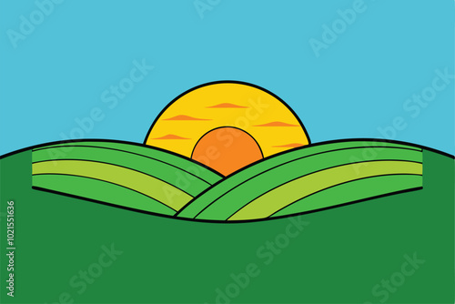 Stunning sunset over rolling hills vector artwork, perfect for creating serene screen backgrounds. Ideal for nature, landscape, and scenic illustration designs.