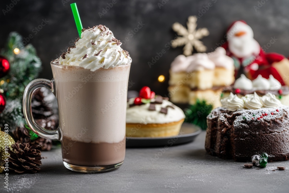 Hot Chocolate Milk. Milkshake. Delicious Holiday Treats. Warm Winter Hot Drink in a glass cup topped with whipped cream with green straw. Festive Desserts Galore. Seasonal pastries. Hot Chocolate Milk. Milkshake. Delicious Holiday Treats. Warm Winter Hot Drink in a glass cup topped with whipped cream with green straw. Festive Desserts Galore. Seasonal pastries.