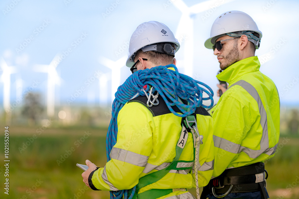Two engineers in high visibility jackets and helmets are inspecting a wind farm. One is holding a mobile device, while the other is equipped with ropes for climbing, with turbines. Two engineers in high visibility jackets and helmets are inspecting a wind farm. One is holding a mobile device, while the other is equipped with ropes for climbing, with turbines.