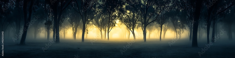 A serene, foggy forest clearing with a wide area for text A serene, foggy forest clearing with a wide area for text