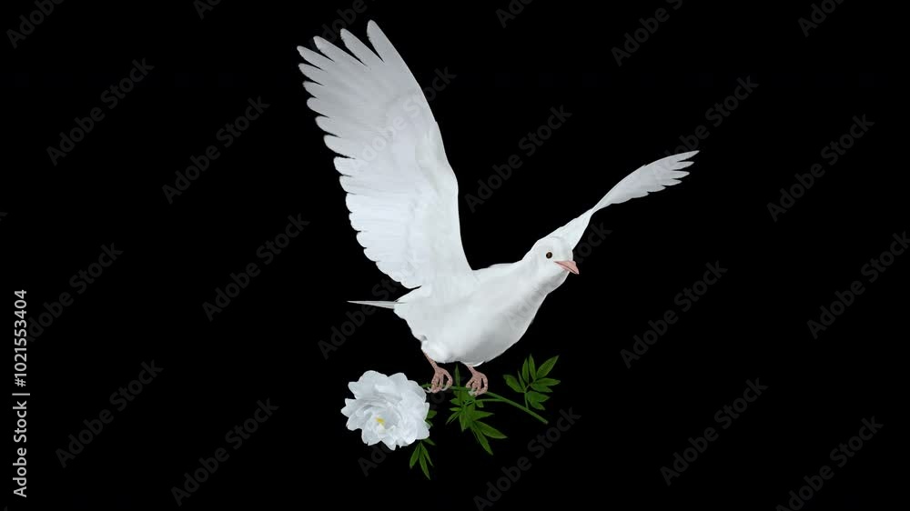 White Dove Bird with White Peony Flower - Flying Loop - Front Side ...