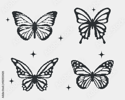 set of Pixel y2k black butterfly.futuristic retro butterfly silhouette isolated, y2k shapes, pixel logo objects	