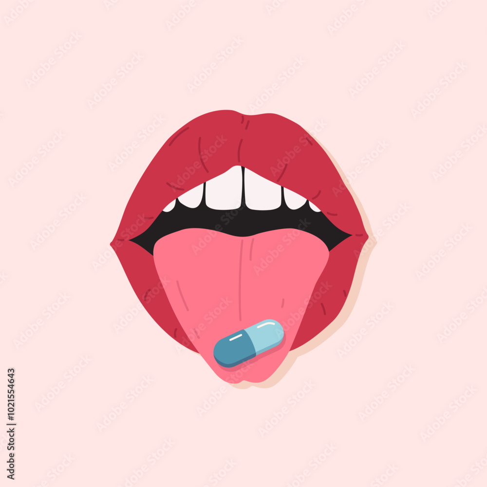 Obraz premium Woman's red lips with tongue. Open female mouth with tongue hanging out holding a blue pill capsule. Drug lying in the mouth. Cartoon flat design, hand drawn vector illustration.