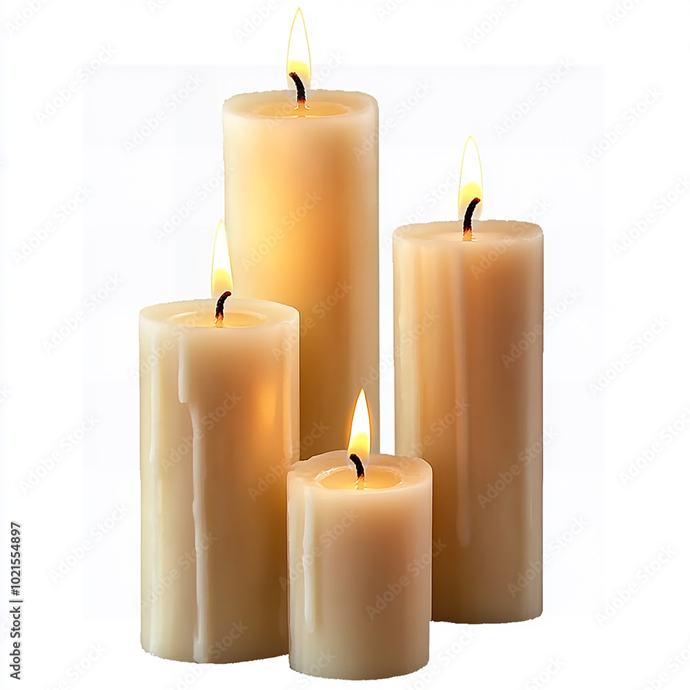 Candles Burning Softly with Warm Glowing Flames on Clean and Smooth Candle Surface, Set Against a Solid White Background Candles Burning Softly with Warm Glowing Flames on Clean and Smooth Candle Surface, Set Against a Solid White Background
