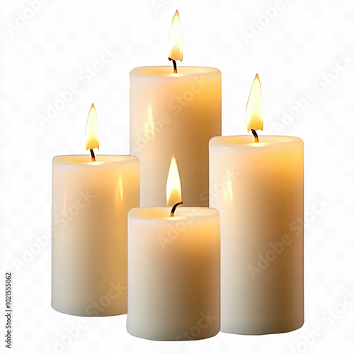 Candles Burning Softly with Warm Glowing Flames on Clean and Smooth Candle Surface, Set Against a Solid White Background