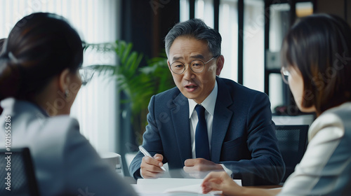 A financial advisor in a formal business meeting with clients, discussing paperwork in a modern office. This image is ideal for depicting financial advisory services, business consultations.