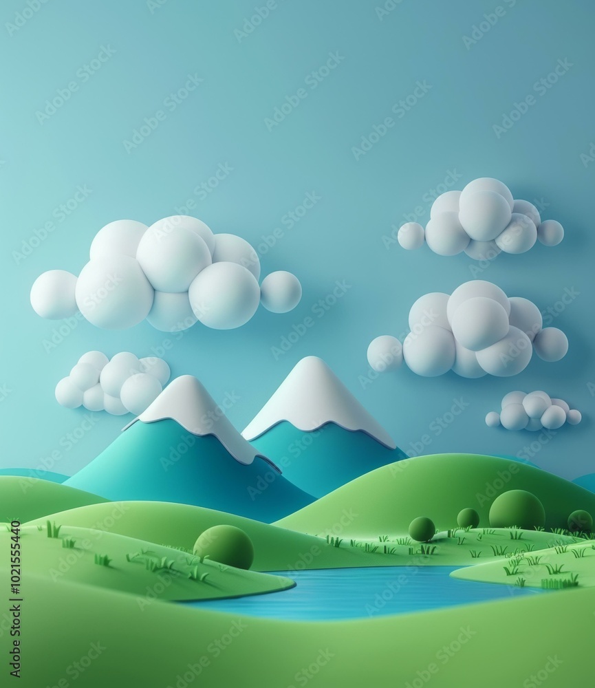 Fototapeta premium Cartoonish Landscape with Mountains and Clouds