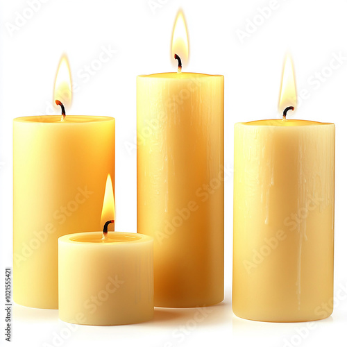 Candles Burning Softly with Warm Glowing Flames on Clean and Smooth Candle Surface, Set Against a Solid White Background