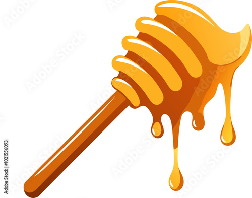 Vector illustration of a bee wooden honey spoon with a drop of liquid, cartoon-style honey dipper dripping with golden honey, outline, and icon.