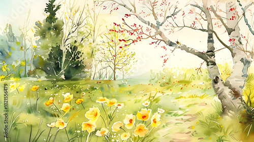 Fototapeta Naklejka Na Ścianę i Meble -  springtime poetry, watercolor of early spring cold winds carrying morning frosts shift to thawed patches blossoming with flowers, bees, and anticipation of green meadows