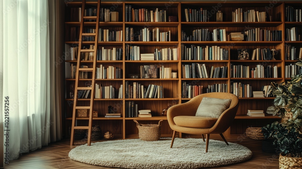 A mid-century inspired home library with teak bookshelves A mid-century inspired home library with teak bookshelves