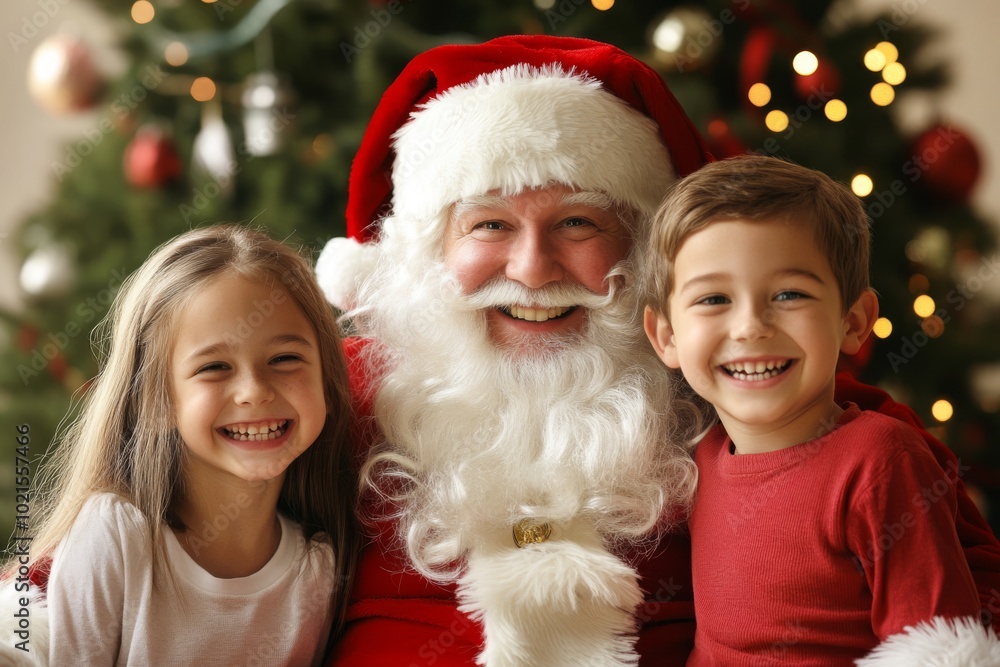 Santa and two kids, girl and boy. Happy Santa Claus in red costume hugs a smiling little siblings. Christmas tree background. Winter celebration with cheerful children. Holiday spirit. Family Memories Santa and two kids, girl and boy. Happy Santa Claus in red costume hugs a smiling little siblings. Christmas tree background. Winter celebration with cheerful children. Holiday spirit. Family Memories