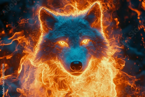 A Wolf's Head Engulfed in Fiery Flames