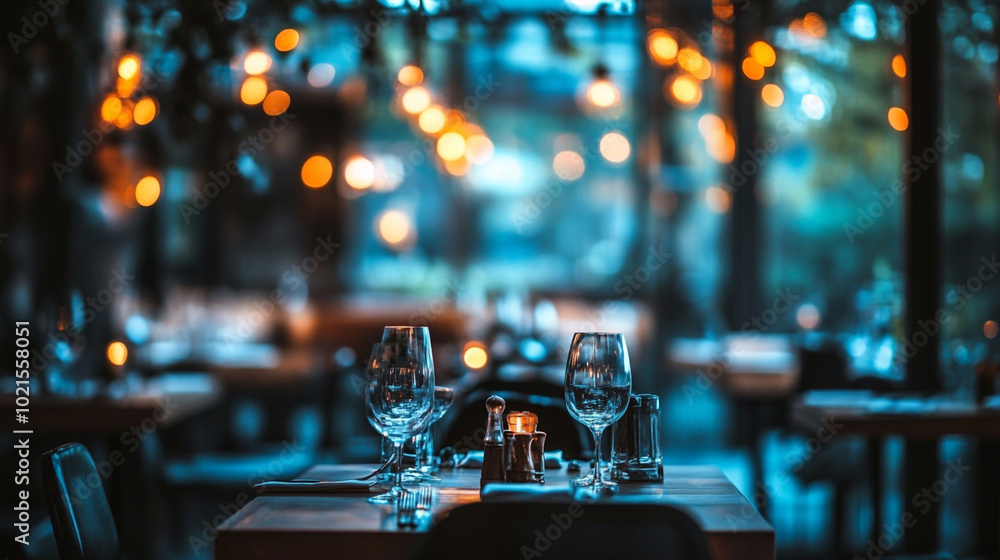 Dimly lit, blurred restaurant interior with elegant table settings and ambient lighting Dimly lit, blurred restaurant interior with elegant table settings and ambient lighting
