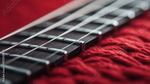 A detailed close-up of a guitar fretboard positioned on a bold red textured surface that highlights the craftsmanship and artistic allure in musical instrument design.