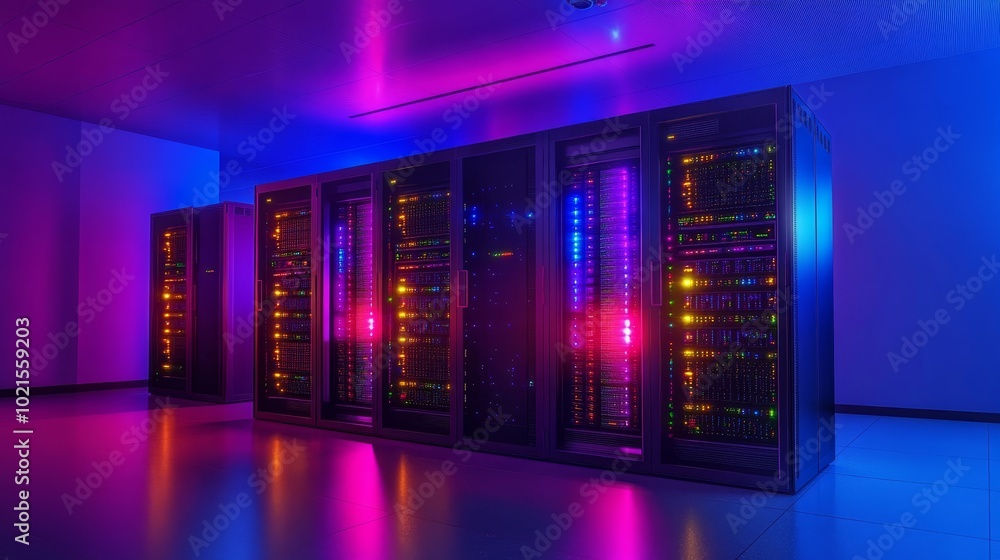 Network Servers in Data Center. Powerful Computer System with Light Effects in Dark Room. Network Servers in Data Center. Powerful Computer System with Light Effects in Dark Room.