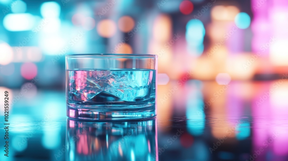 A refreshing glass of water with ice cubes stands on a reflective surface, surrounded by vibrant, colorful blurred lights in the background, creating a serene atmosphere. A refreshing glass of water with ice cubes stands on a reflective surface, surrounded by vibrant, colorful blurred lights in the background, creating a serene atmosphere.