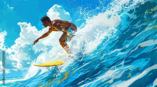 man surfing on the high sea with blue sky and white clouds