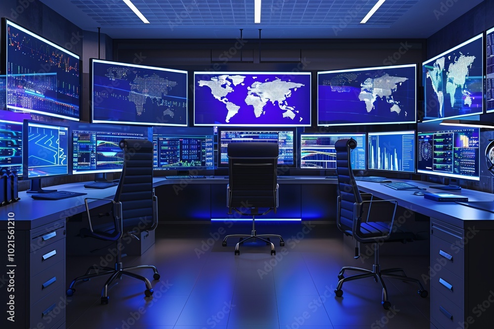 A network operations center with screens displaying global data traffic A network operations center with screens displaying global data traffic