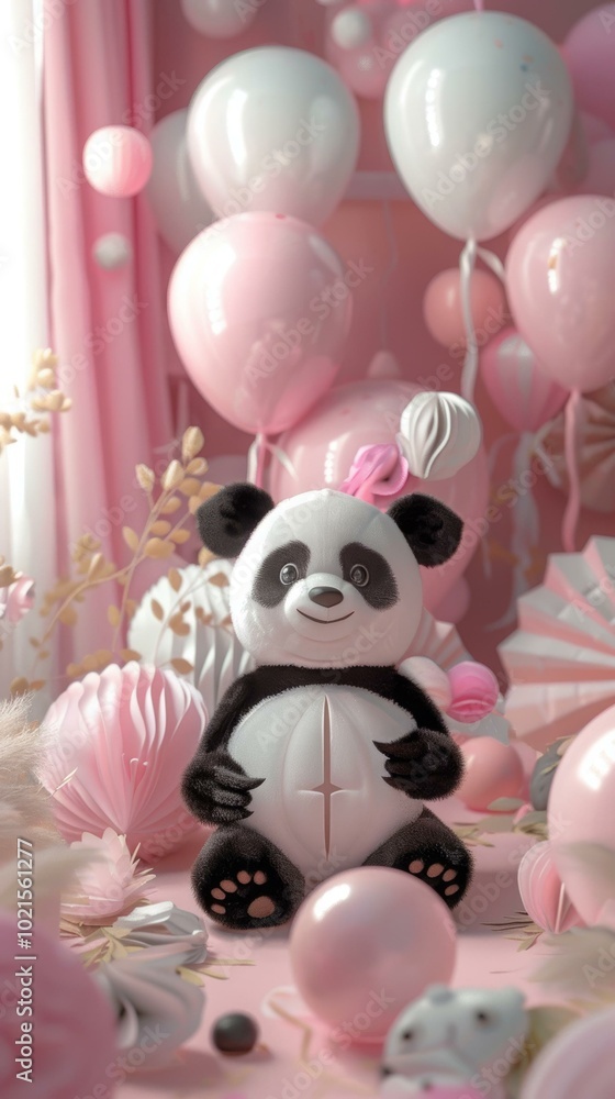 A cute panda sits among pink and white balloons and flowers A cute panda sits among pink and white balloons and flowers
