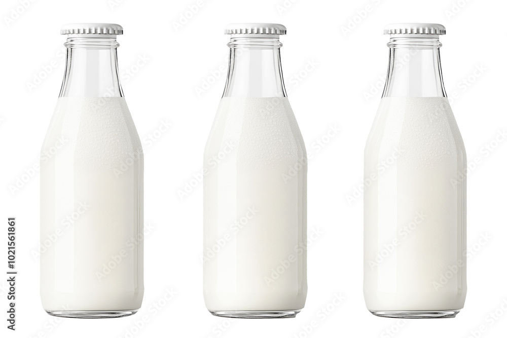 Milk bottles with caps aligned in a row, isolated on white background. Concept of dairy products and freshness. Milk bottles with caps aligned in a row, isolated on white background. Concept of dairy products and freshness.