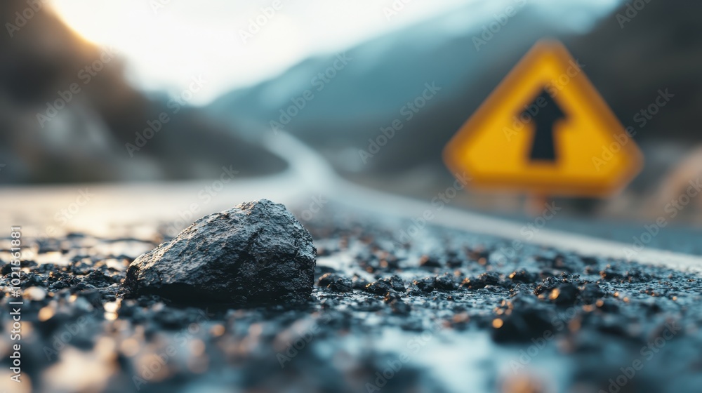 A single pebble rests on a wet asphalt road with a directional arrow sign blurred in the background, symbolizing choices and pathways. A single pebble rests on a wet asphalt road with a directional arrow sign blurred in the background, symbolizing choices and pathways.