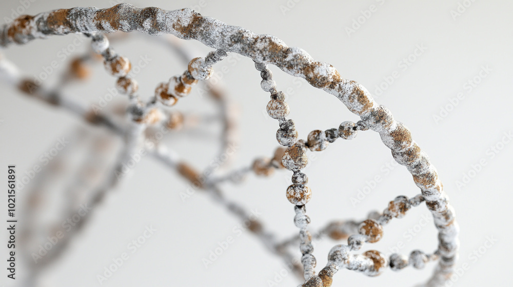 A detailed view of a decorative model representing a DNA structure with beads and intricate patterns A detailed view of a decorative model representing a DNA structure with beads and intricate patterns